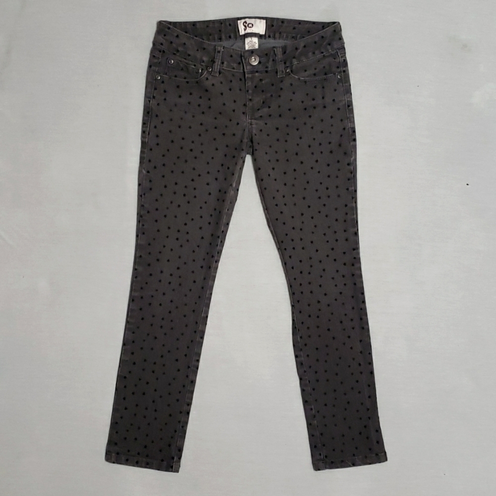 Y2K So Velvet Heart Patterned Low Rise Skinny Ankle Crop Gray Black Denim Jeans